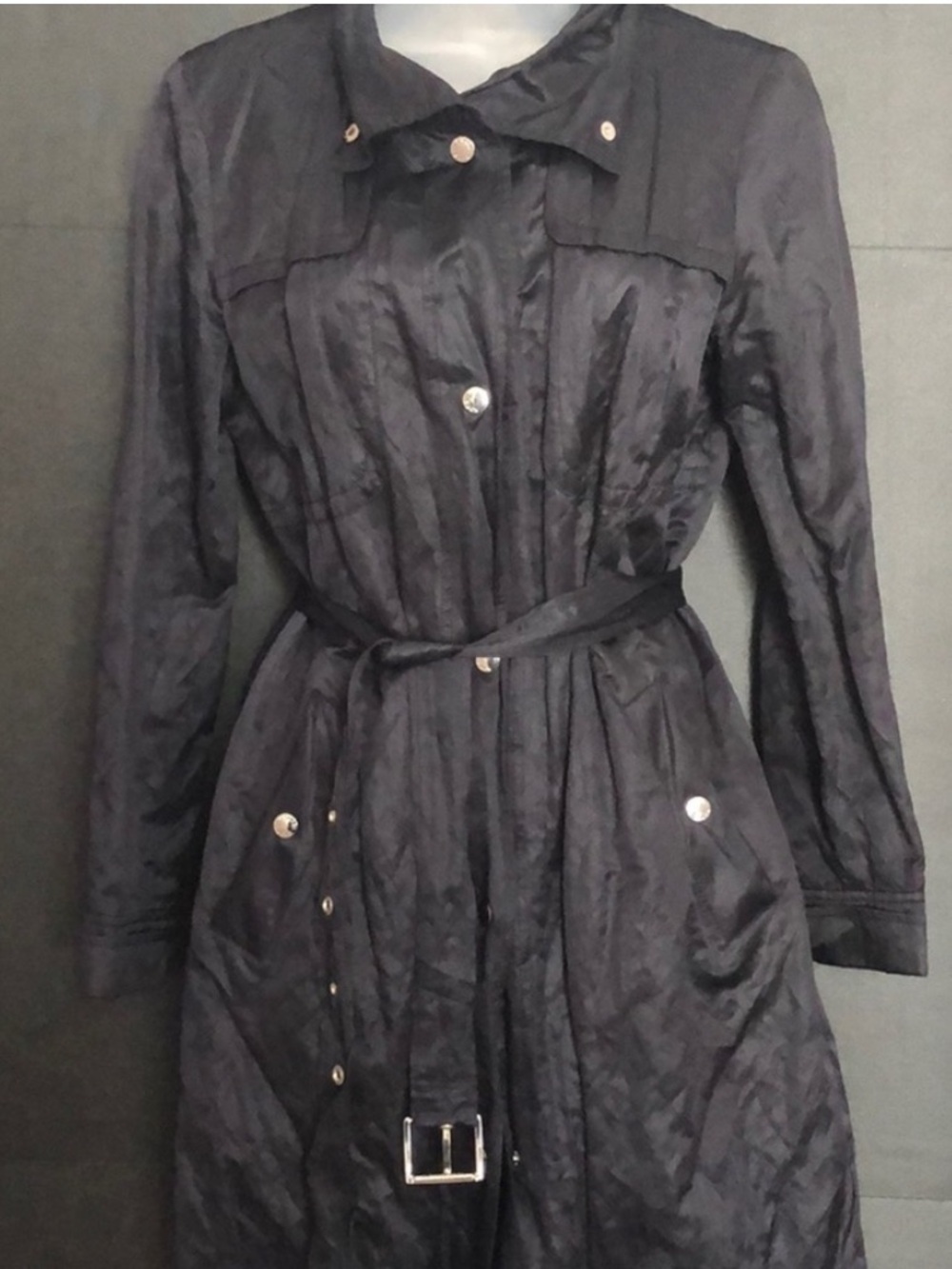 Michael Kors Black Belted Trench Coat with Silver Hardware